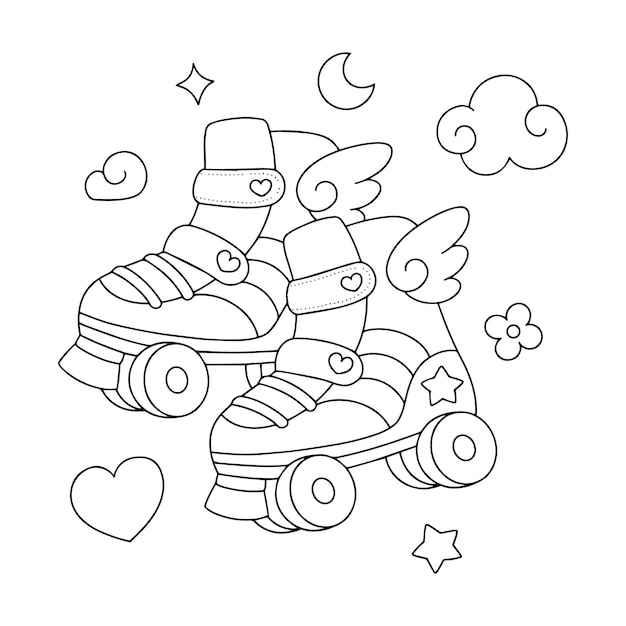 Premium vector hand drawn roller skates coloring book vector illustration