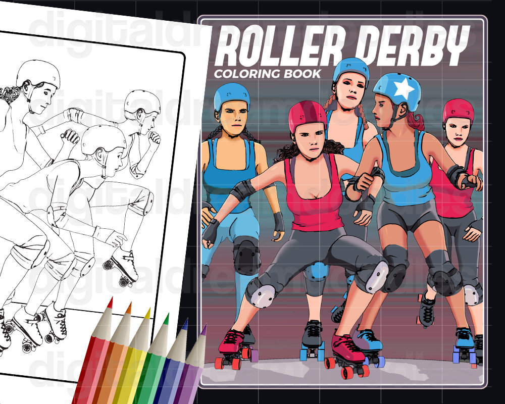 Roller derby coloring book printable pdf rollergirl coloring book derby girl skater coloring pages rollerskating instant digital download