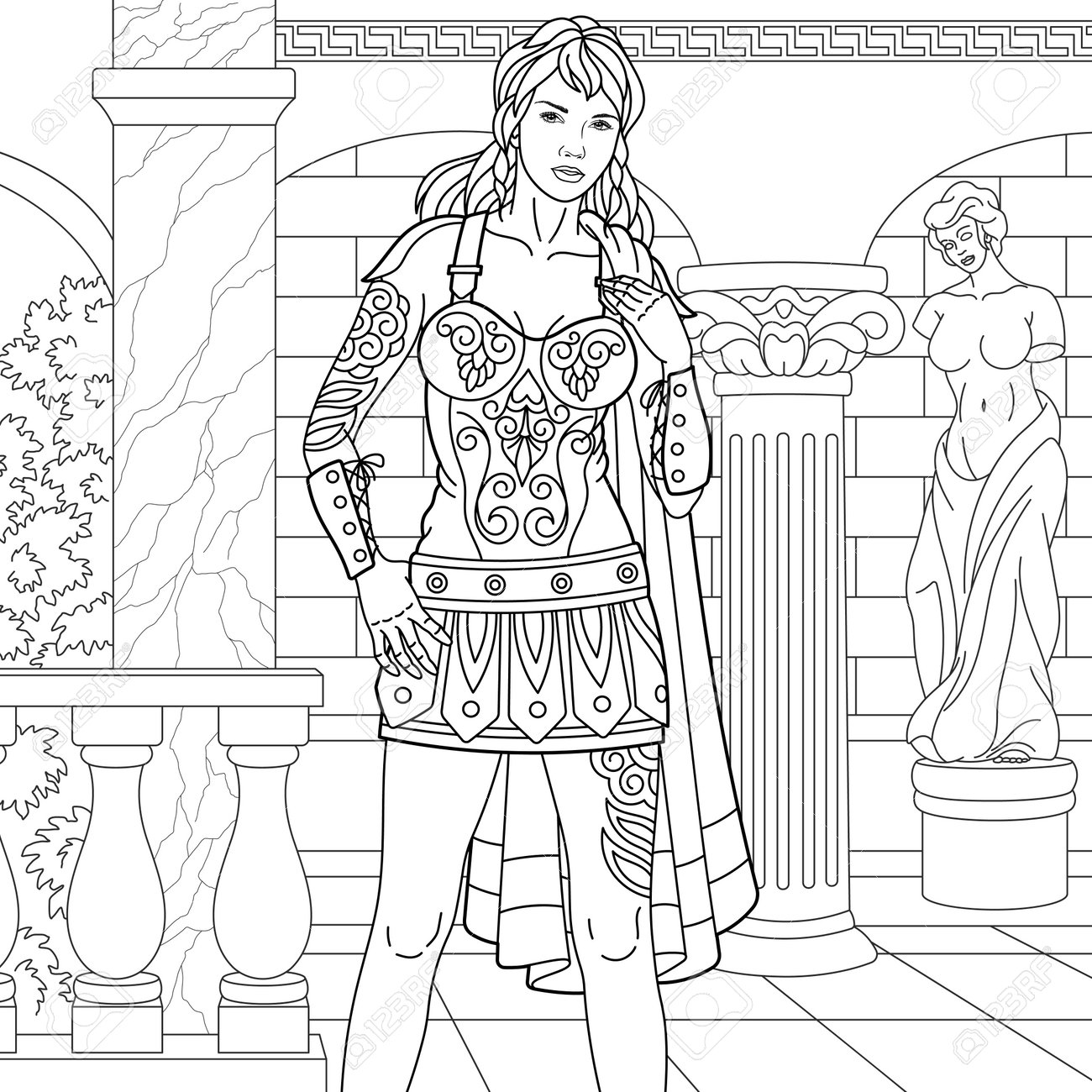 Beautiful ancient roman or greek goddess woman adult coloring book page in mandala style royalty free svg cliparts vectors and stock illustration image