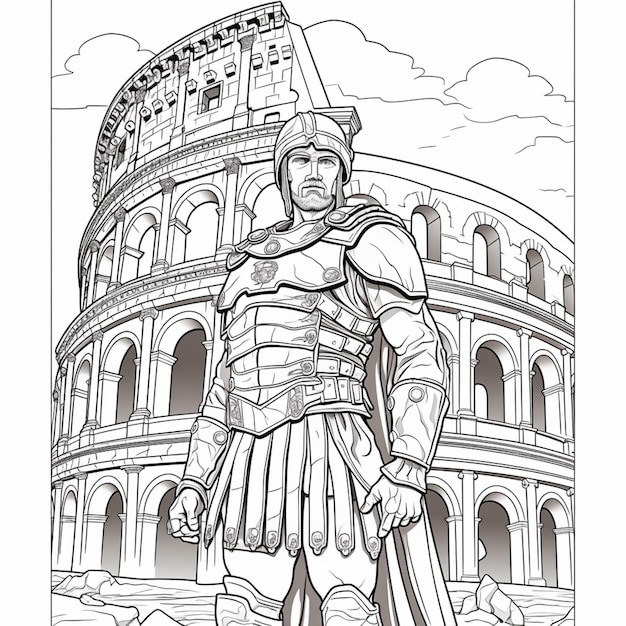 Premium ai image a coloring page of a roman soldier in front of the colossion generative ai