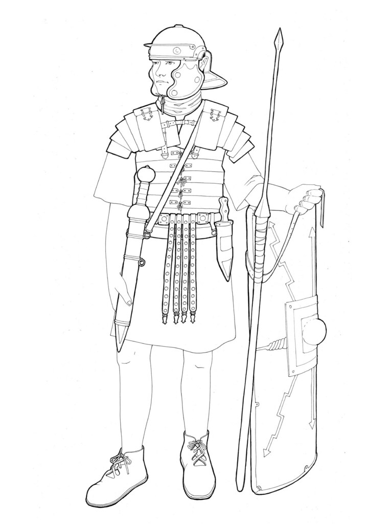 Roman legionary line drawing emphasising the equipment jh cook