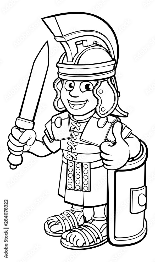A roman soldier cartoon character holding a sword and doing a thumbs up vector