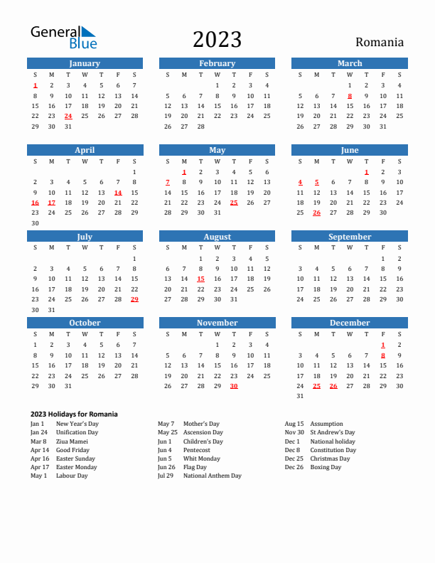 Romania calendar with holidays