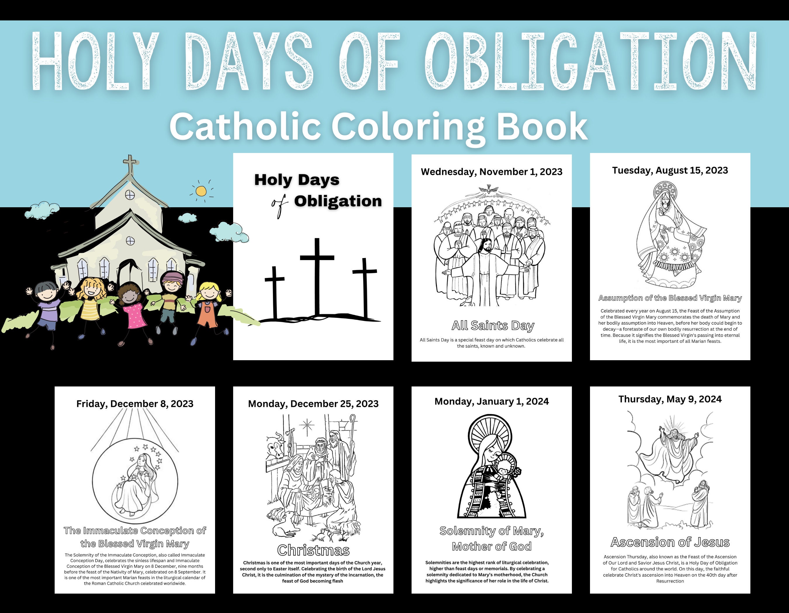 Holy days of obligation coloring book sunday school religious education catholic school