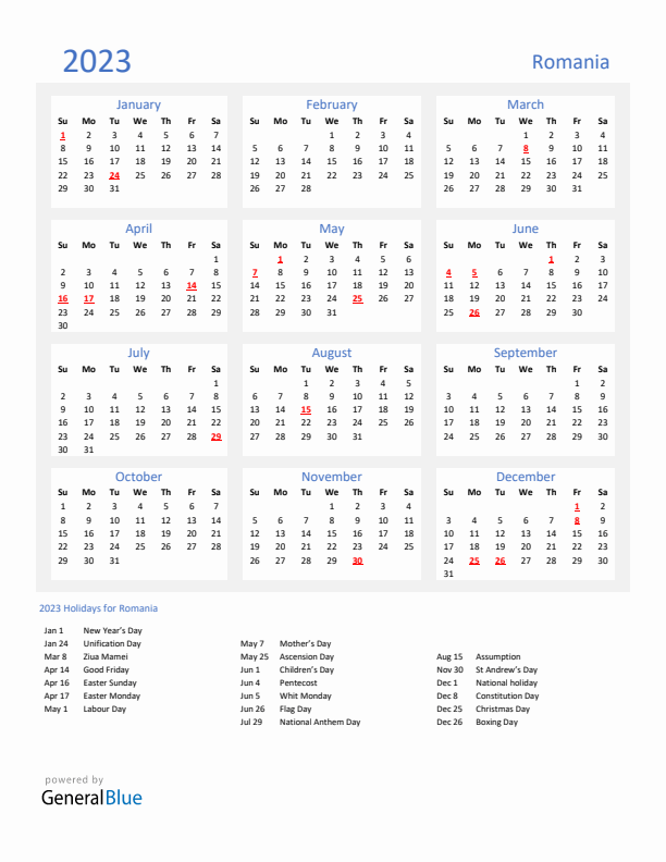 Romania calendar with holidays