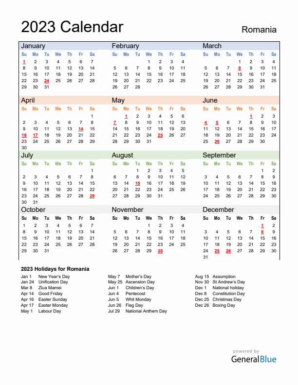 Romania calendar with holidays