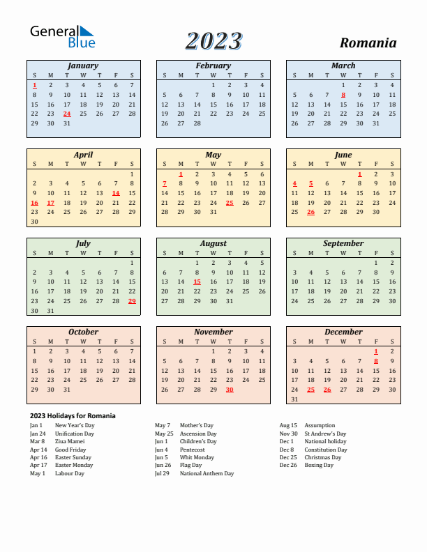 Romania calendar with holidays