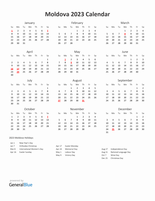 Yearly calendar printable with moldova holidays