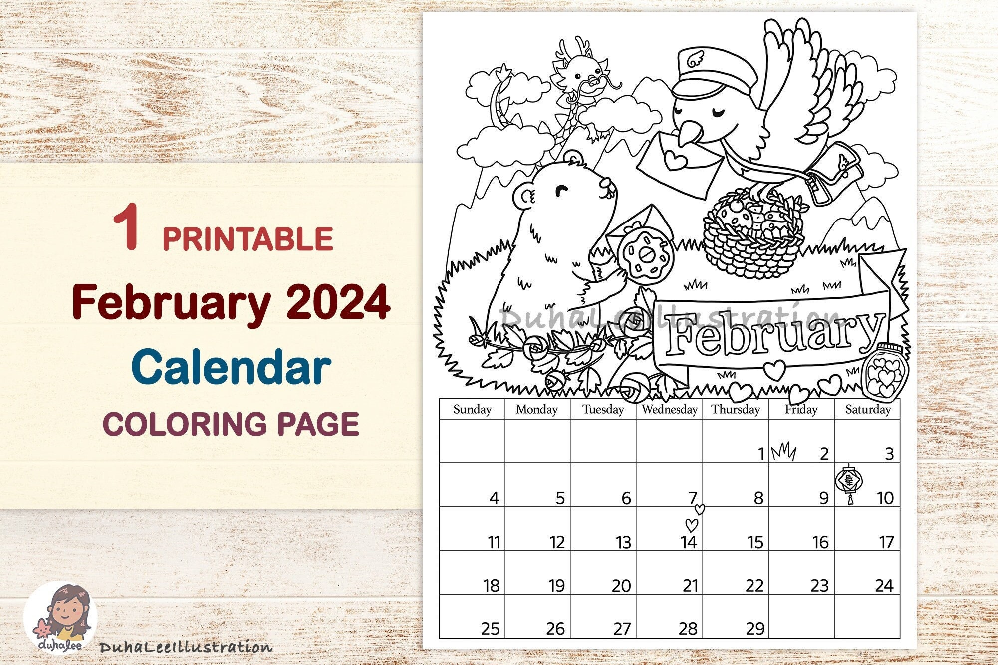 Printable february calendar coloring page valentines day coloring sheet lunar new year kids activity school craft digital download