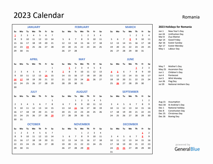 Romania calendar with holidays