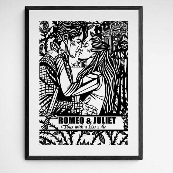 Romeo and juliet print black line artwork william shakespeare archival quality art prints shakespearian tragedy signed by artist