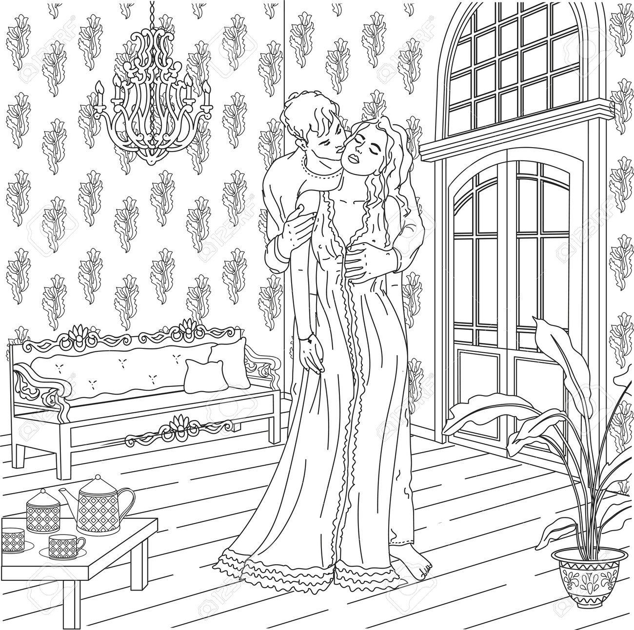 Man seduces woman vector illustration romantic coloring page erotic coloring page adult coloring royalty free svg cliparts vectors and stock illustration image