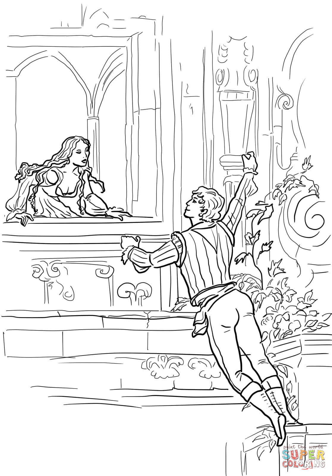 Romeo and juliet balcony scene coloring page free printable coloring pages