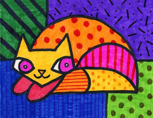 Easy how to draw a romero britto cat and britto cat coloring page art lessons britto art romero britto art