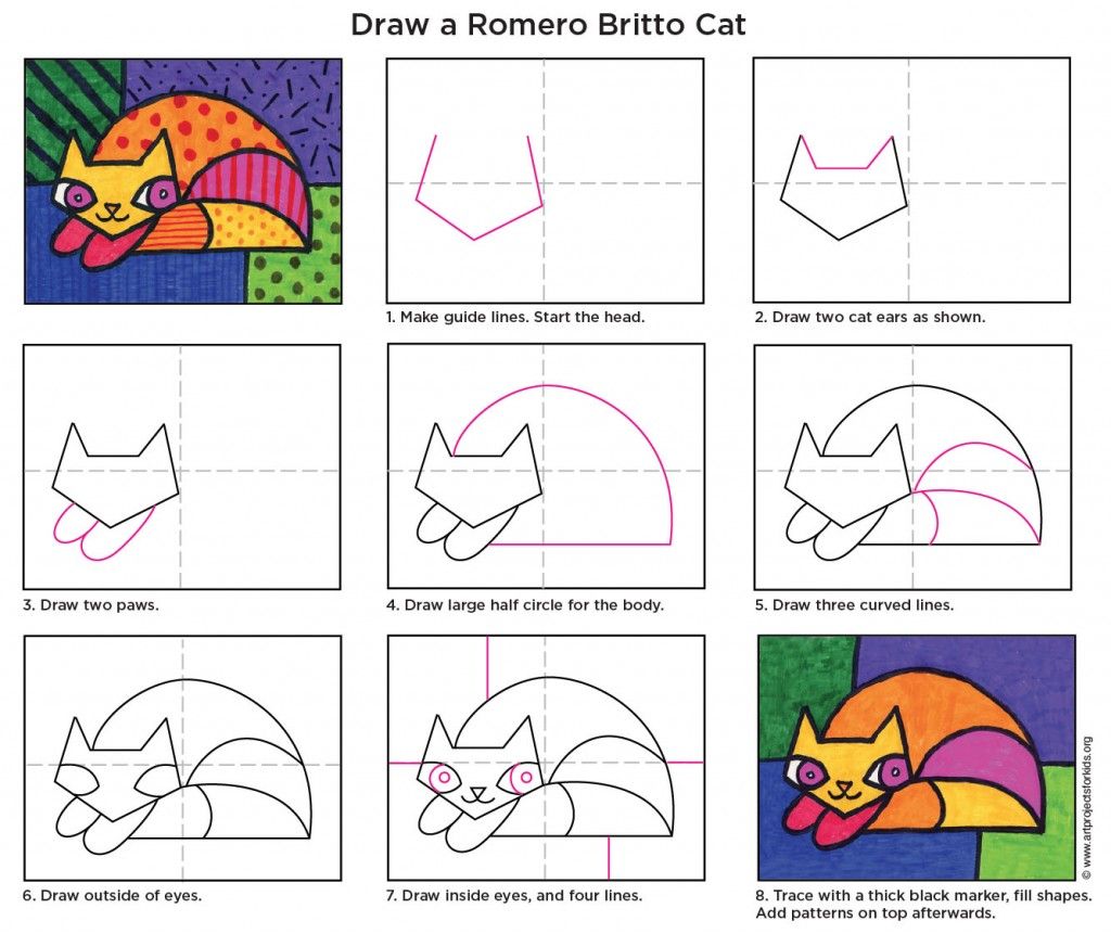 Easy how to draw a romero britto cat and britto cat coloring page elementary art projects kids art projects art lessons elementary