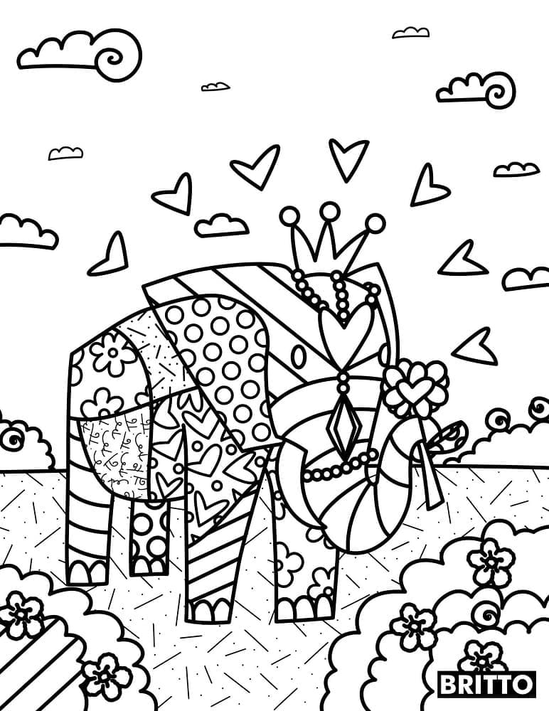 Elephant wearing a crown by romero britto coloring page