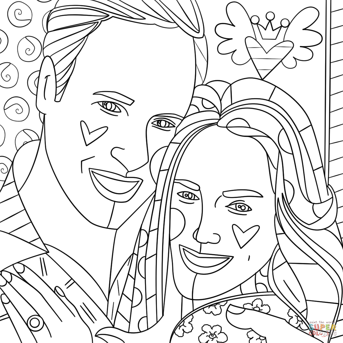 Kate middleton and prince william by romero britto coloring page free printable coloring pages