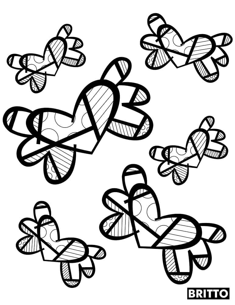 Flying hearts by romero britto coloring page
