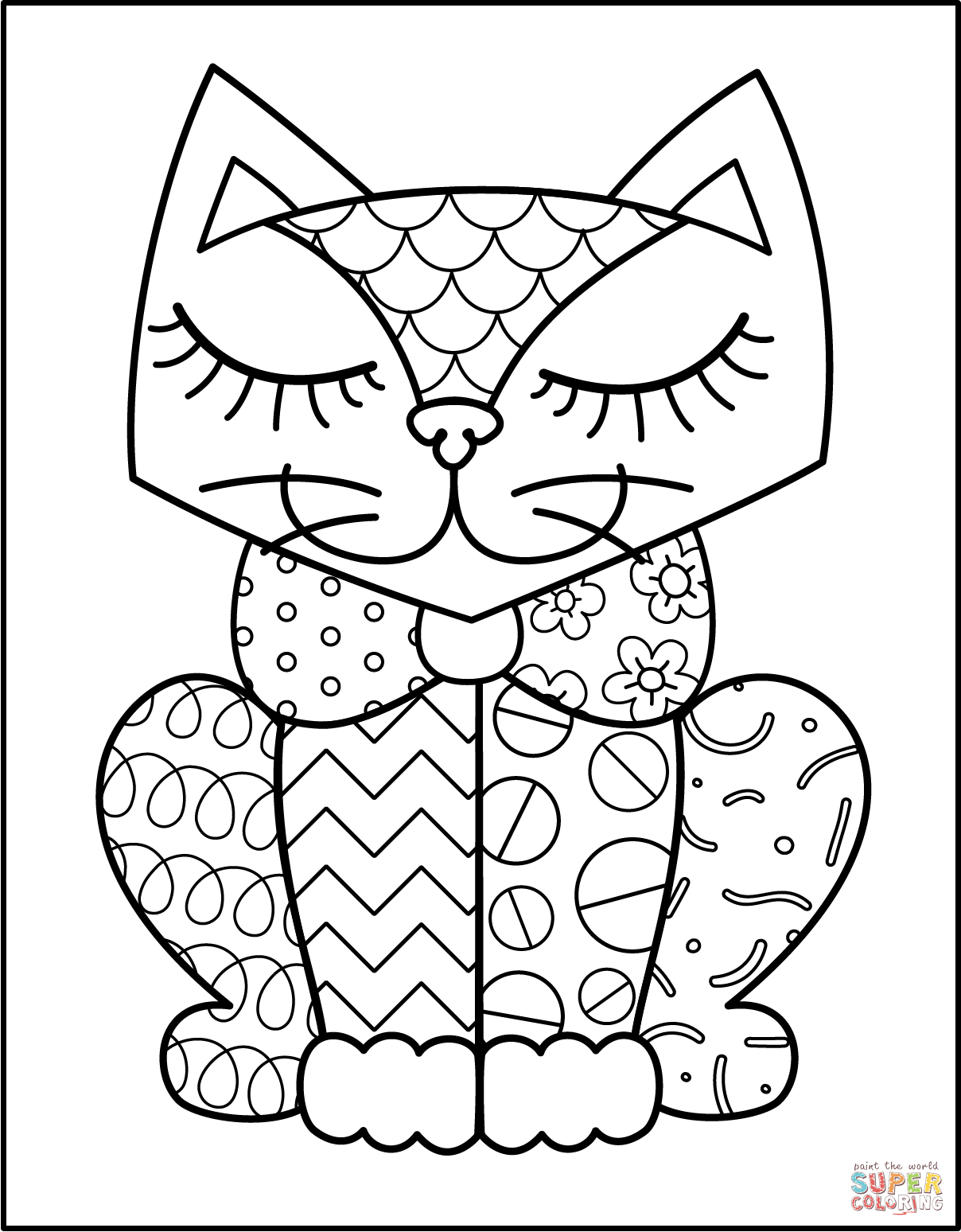 Romero britto cat coloring page free printable coloring pages