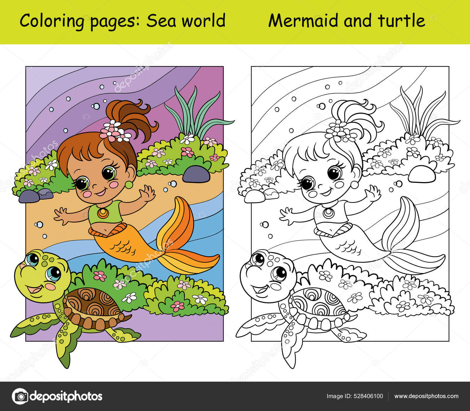 Colorear y colorear lindo bebã sirena nada con una tortuga vector de stock por alinart