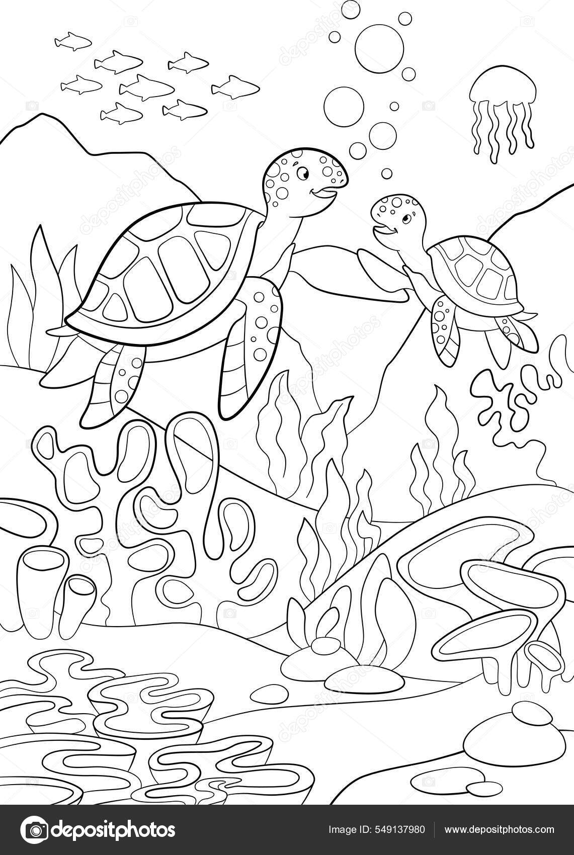 Pãgina para colorear madre tortuga marina nada con pequeão bebã vector de stock por ya