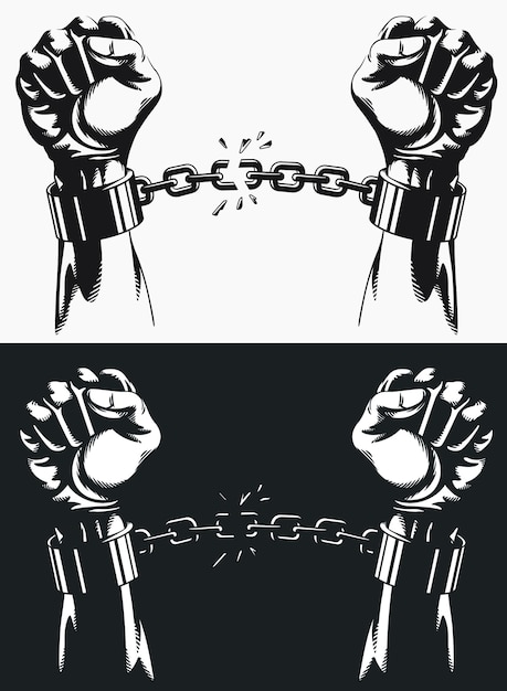 Mano de la libertad rompiendo las cadenas de las posas vector premium