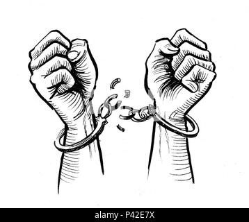 Manos rompiendo las cadenas dibujo en blanco y negro de tinta fotografãa de stock