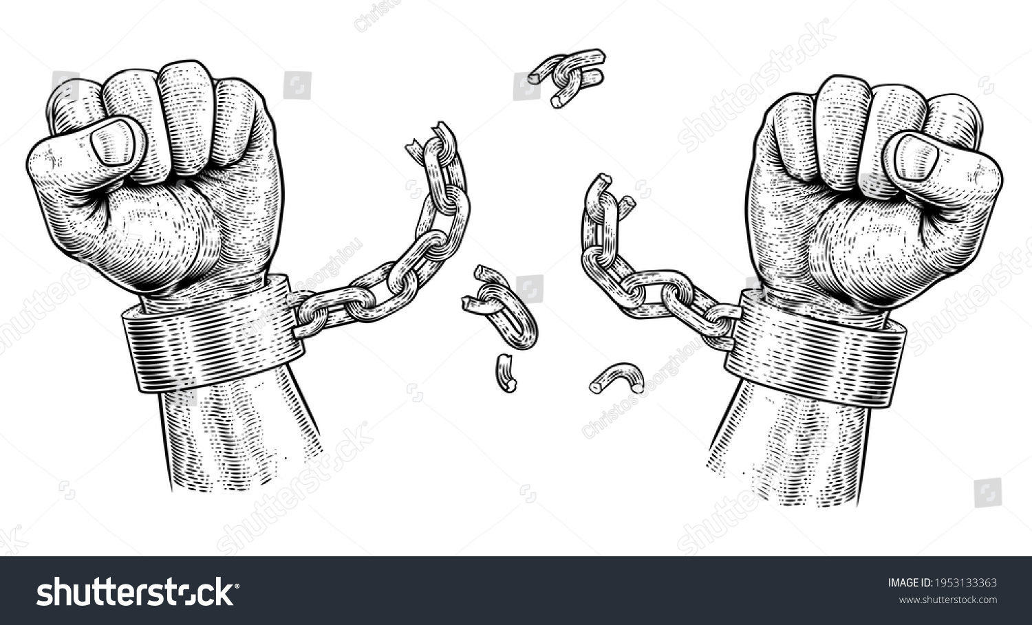 Hands breaking chain shackle handcuffs vintage stock illustration