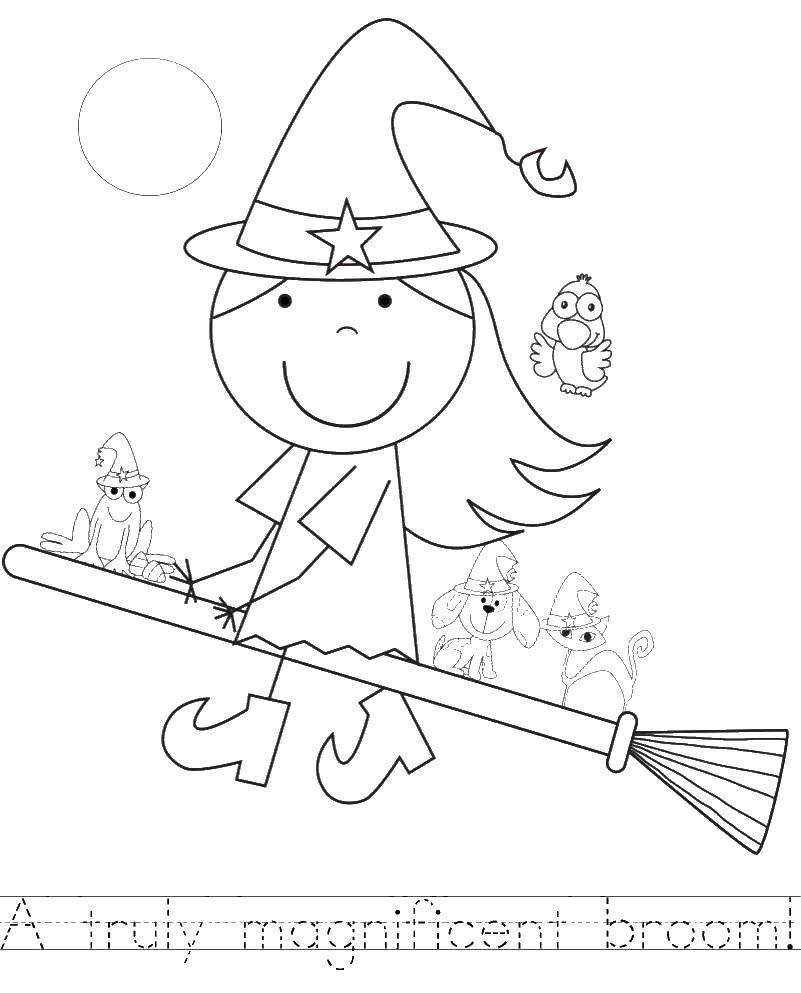 Online coloring pages coloring page witch flying on a broom witch download print coloring page