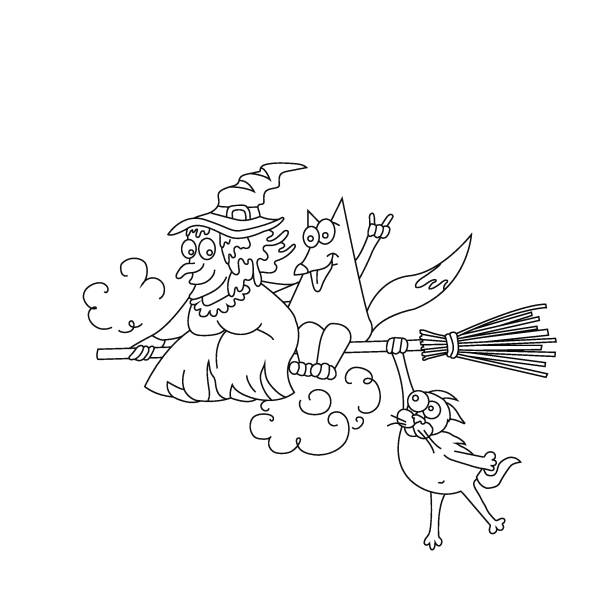 Witch and sly fox fly on the broom friendship funny coloring vector illustration stock illustration