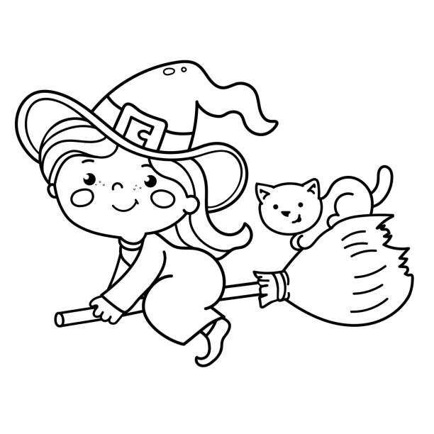 Coloring page outline of cartoon little witch on a broom with a pot and with a cat halloween coloring book for kids stock illustration
