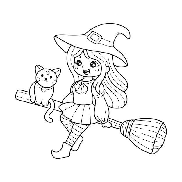 Premium vector cute witch flying on a broomstick with cat coloring page