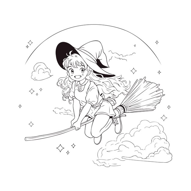 Premium vector cute little anime witch on a broom coloring book page for children