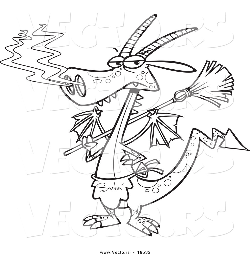 R of a cartoon dragon wearing an apron and holding a broom