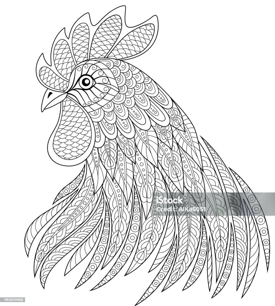 Rooster head in zentangle style adult anti stress coloring page black and white hand drawn doodle for coloring book stock illustration