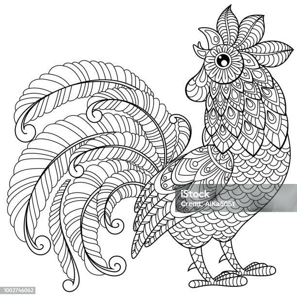 Rooster in zentangle style adult antistress coloring page black and white hand drawn doodle for coloring book stock illustration