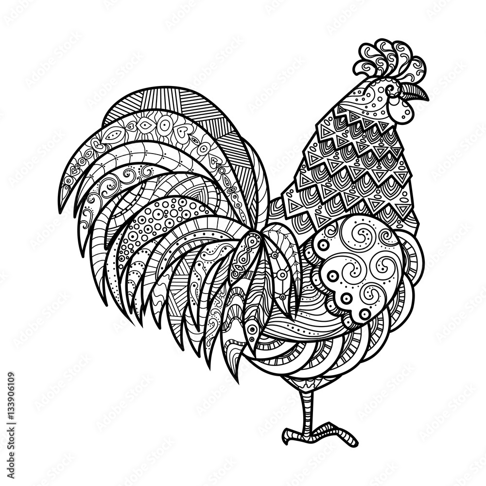 Zentangle stylized cartoon rooster on white background hand drawn sketch for adult anti stress coloring page illustration illustration