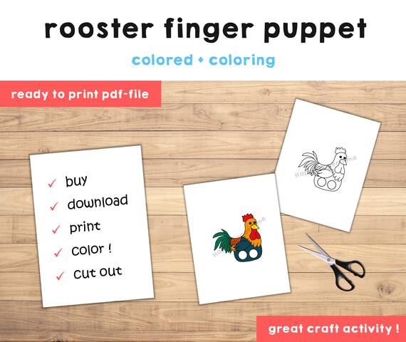 Rooster paper craft printable farm animal finger puppet kids craft farm birthday party kids coloring puppet printable instant download