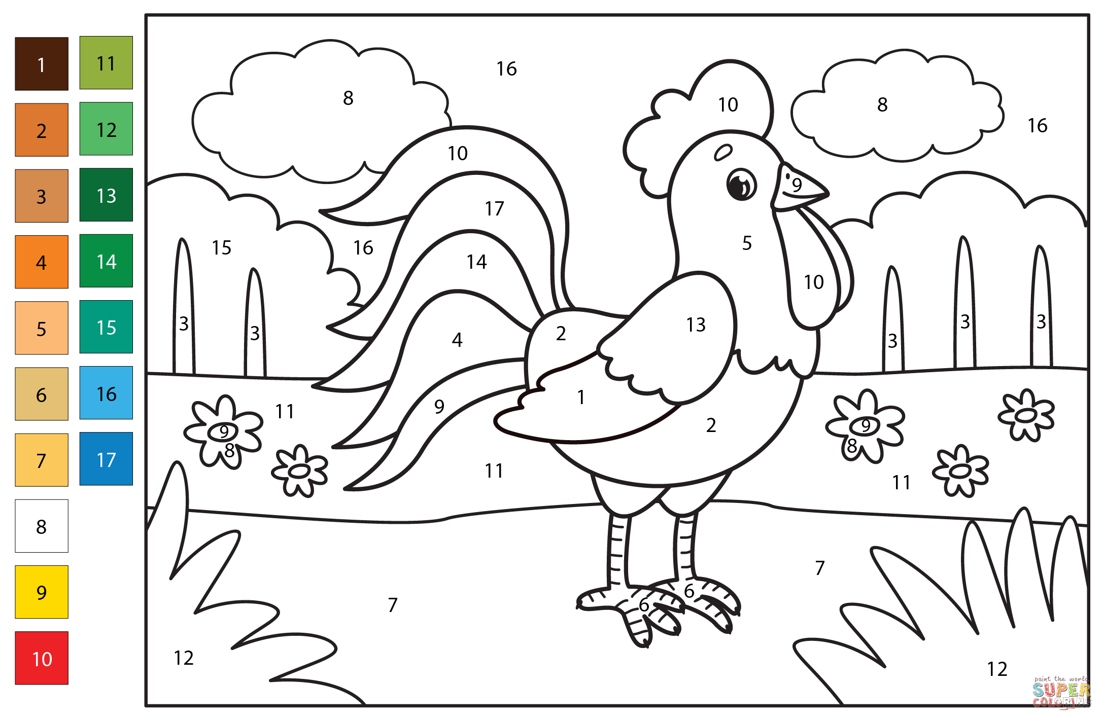 Rooster color by number free printable coloring pages