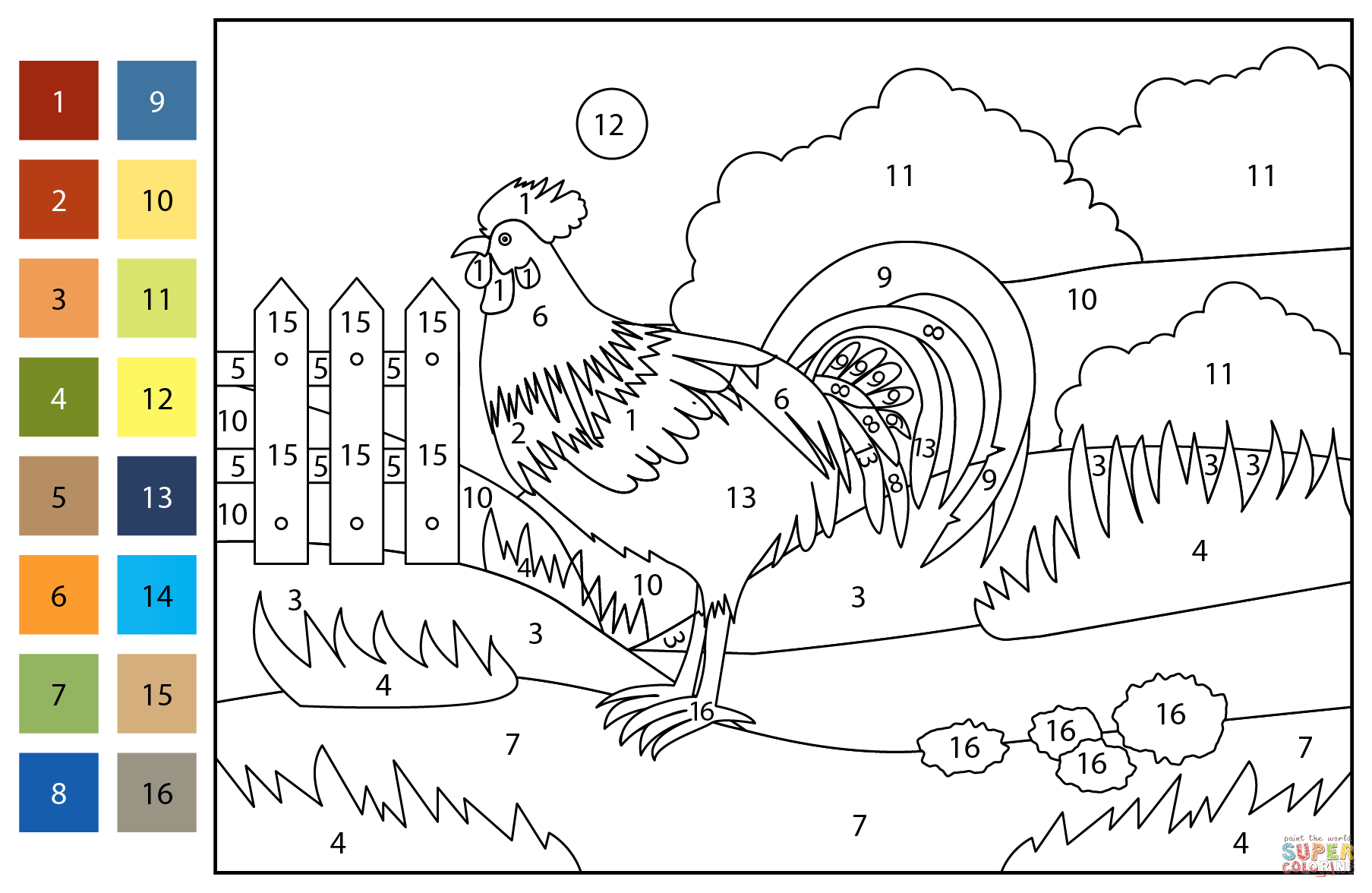 Rooster color by number free printable coloring pages