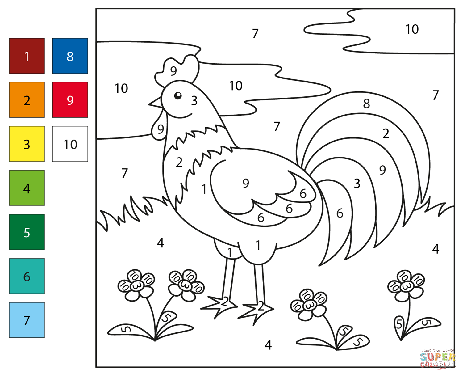 Rooster color by number free printable coloring pages