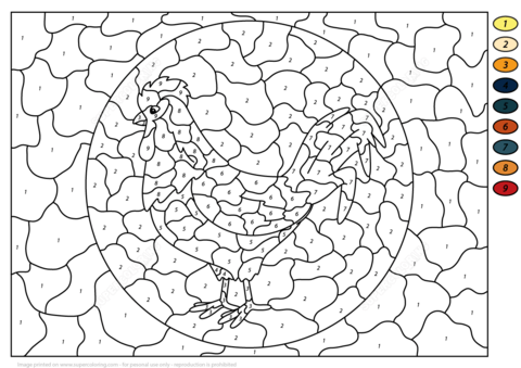Rooster color by number free printable coloring pages