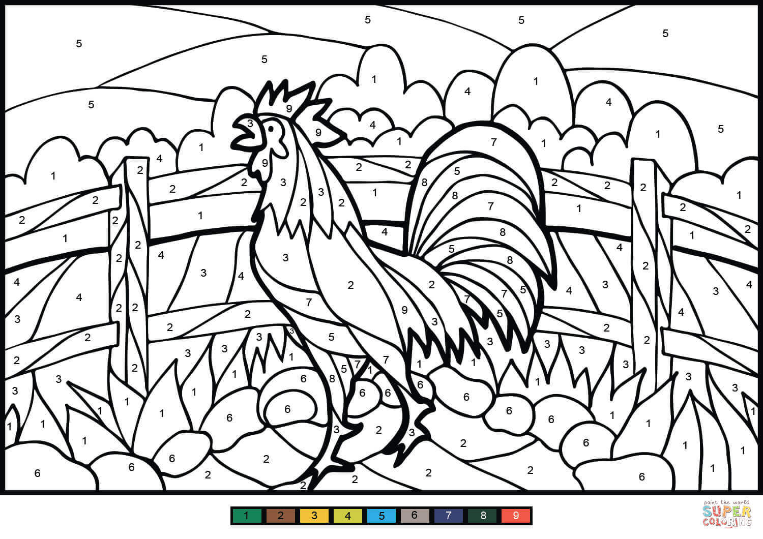 Rooster color by number free printable coloring pages