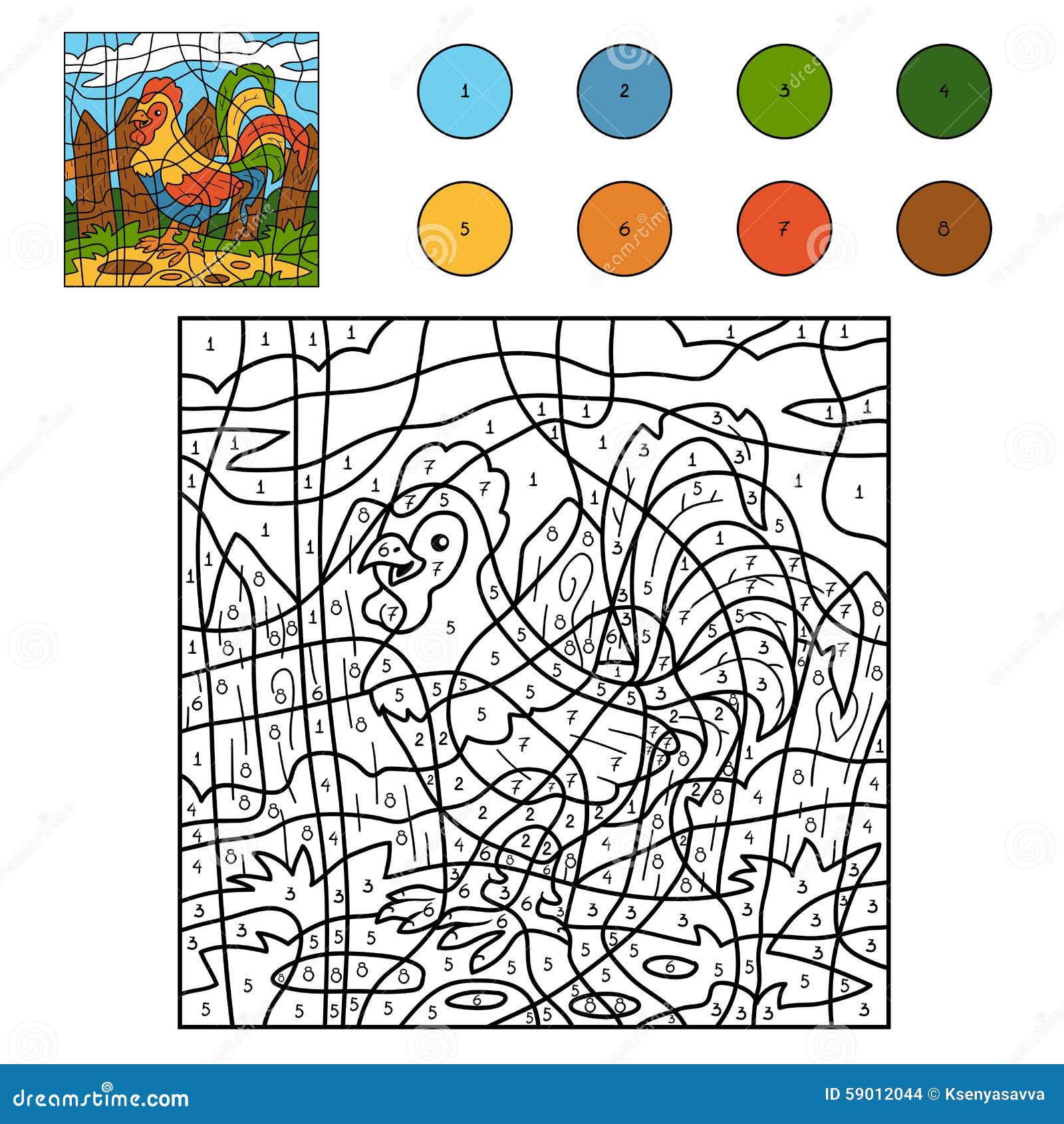 Color by number farm animals rooster cock stock vector