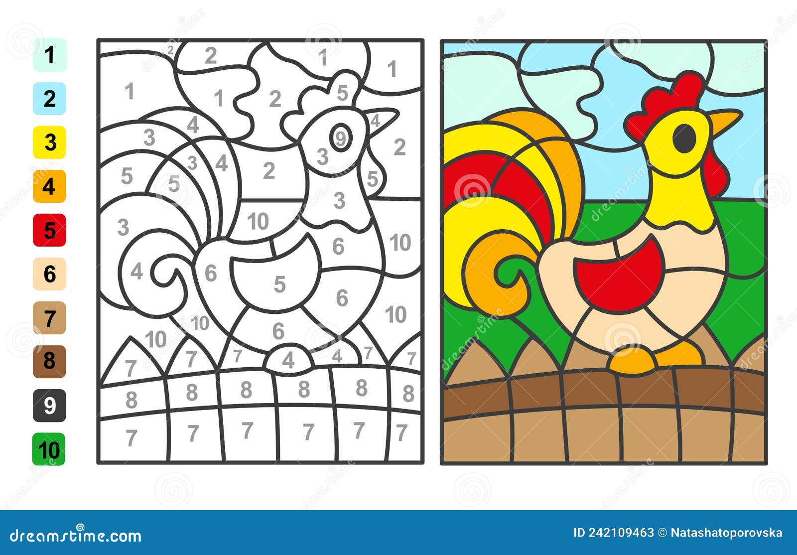 Color by numbers rooster bird puzzle game for children education colors for drawing and learning mathematics stock vector
