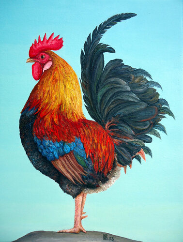 Welsummer rooster by grigor velev painting oil on canvas