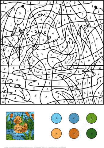 Duck color by number free printable coloring pages