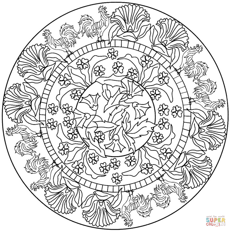 Mandala with rooster pattern coloring page free printable coloring pages