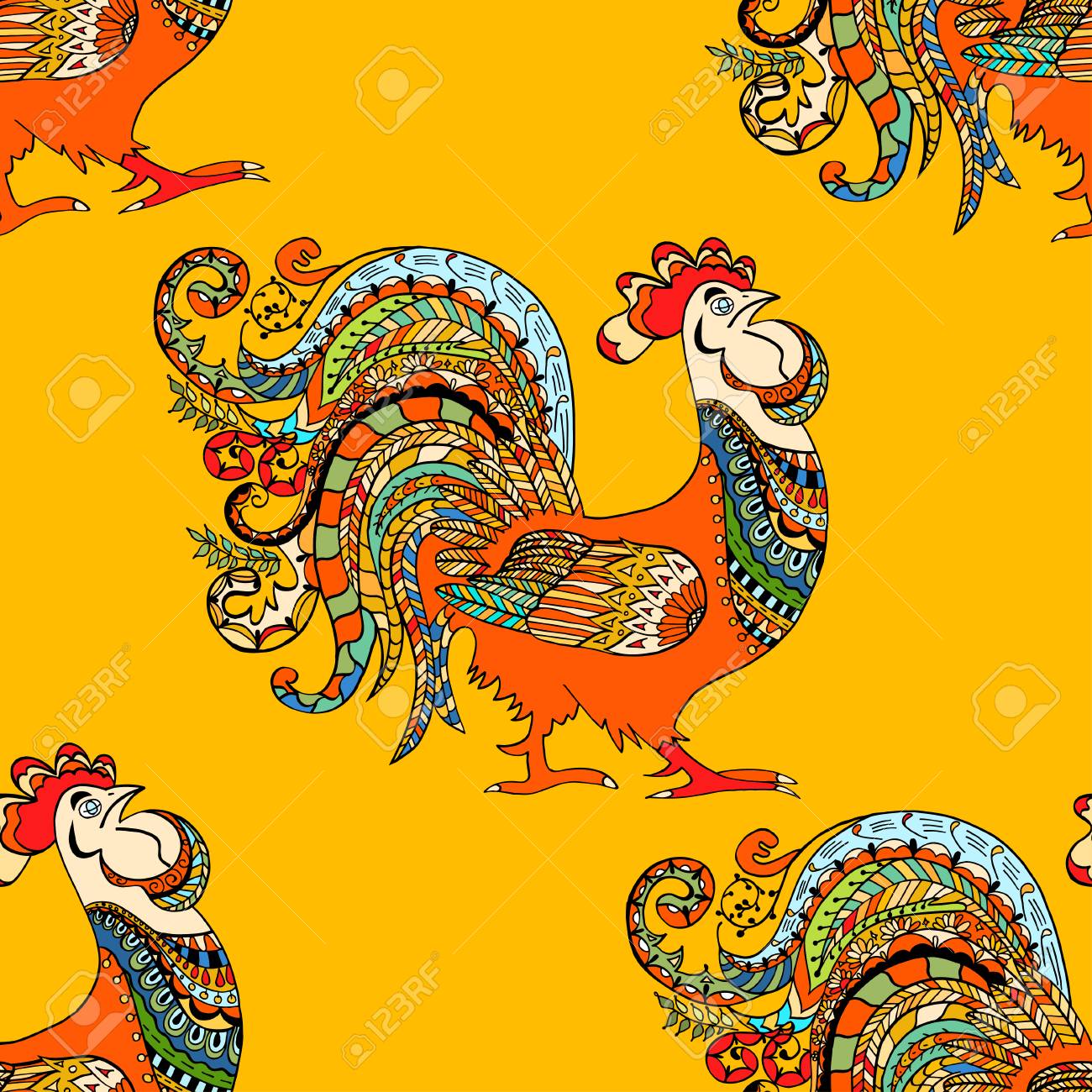 Seamless pattern of rooster domestic farmer bird for coloring pages zentangle illustration or tattoos with high details vector patterned cock royalty free svg cliparts vectors and stock illustration image