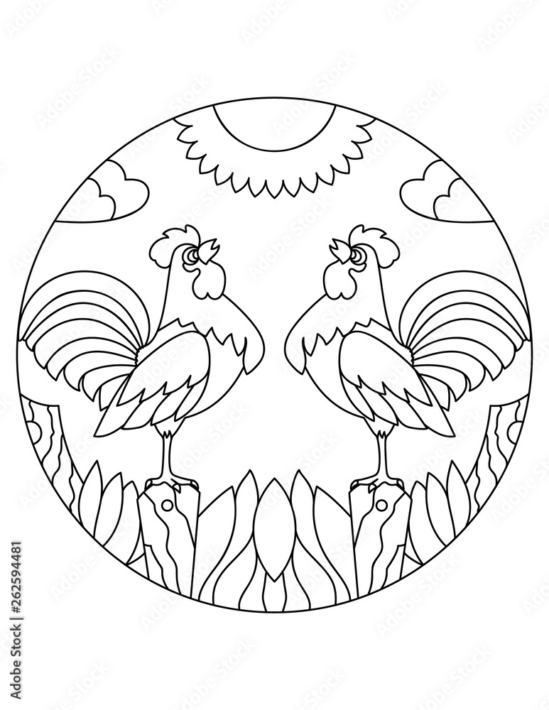 Rooster pattern illustration of roosters mandala with an animal roosters in a circular frame coloring page for kids and adults farm bird in nature vector